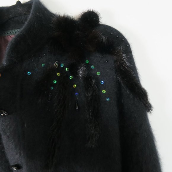 Vintage Black Fuzzy Button Up Cardigan M/L Japanese Sequin Fur Bead Embellished - Picture 8 of 10